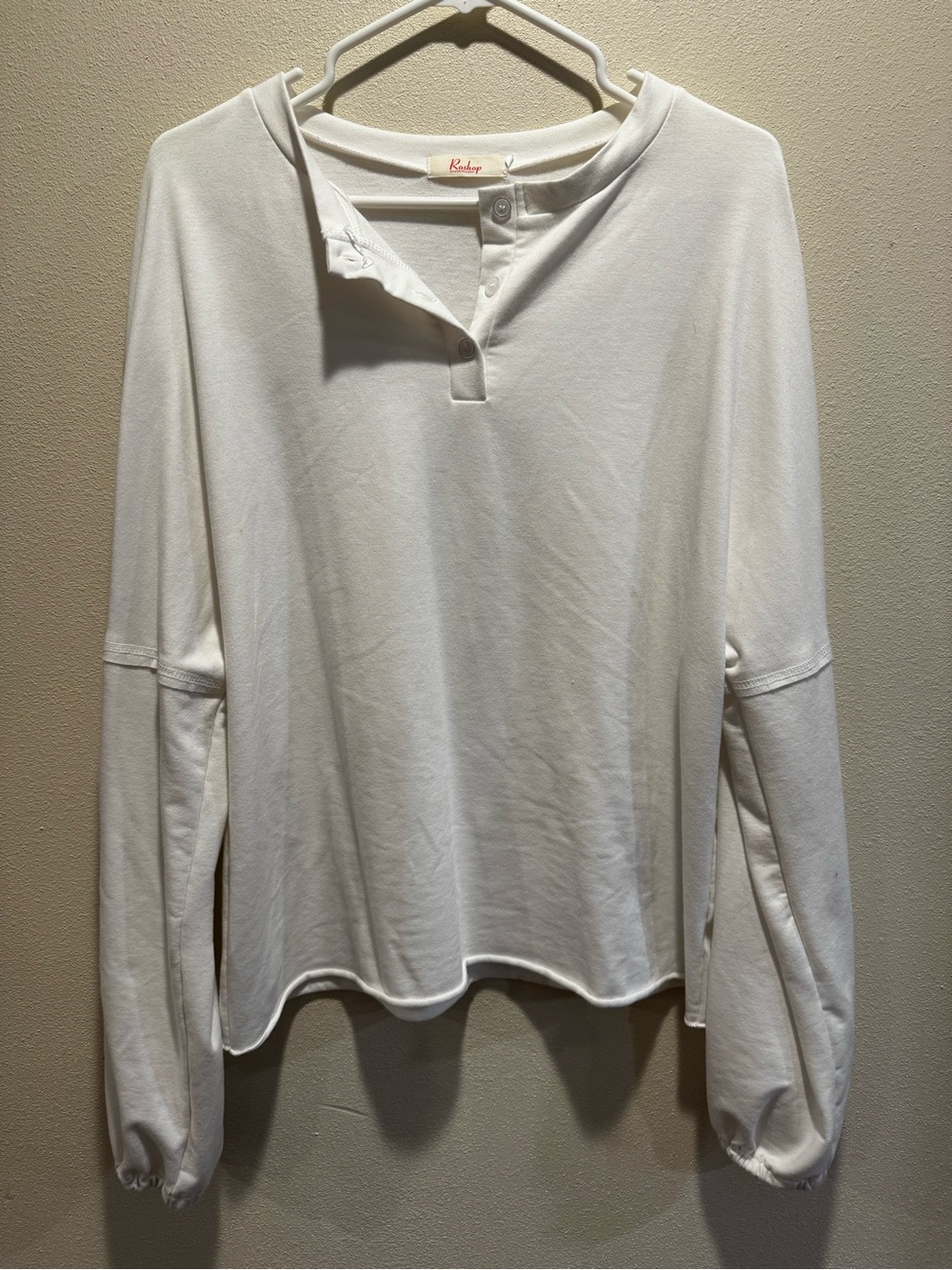 Roshop White Long Sleeve Henley Top With Button Placket